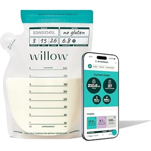 Willow - 8oz Breast Milk Storage Bags - SmartStash Tracking - 100ct - Double Zip Seal for Durability - Freezer & Fridge Breastmilk Storage - Easy Pour Spout - BPA Free - Breastfeeding Essentials