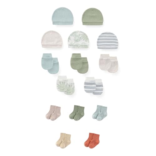 JELYLOVE 15 Pack Unisex New Born Boy Girls No Scratch Mittens Sets Cotton Soft Baby Gloves Hats socks Accessory 0-6 Months