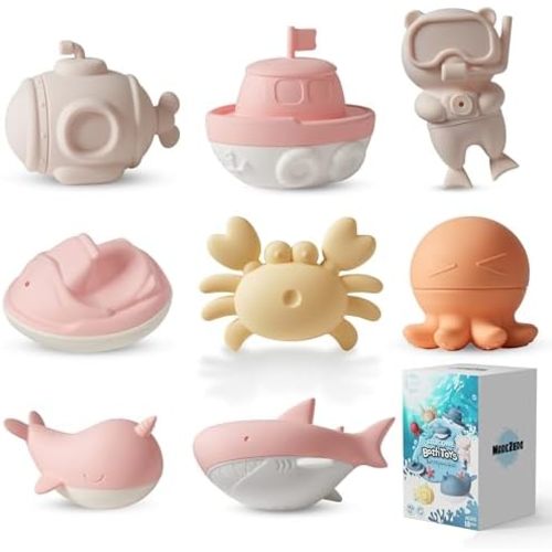 MarcZero Silicone Bath Toys 8Pcs Ocean Set for Toddlers Kids Baby, Pink