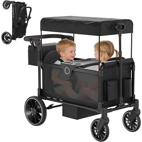 BIERUM Stroller Wagon for 2 Kids with Side Entry & 5-Point Safety, 5-in-1 Multi-Mode All-Terrain Foldable Cart with Adjustable Push/Pull Handle, Removable Canopy & Organizer for Beach, Camping, Black