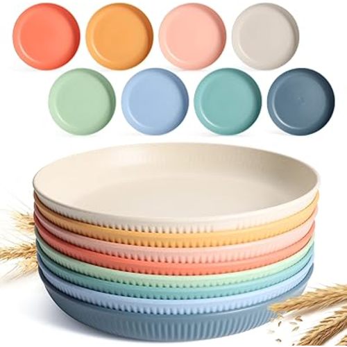 8 PACK 9 Inches Lightweight Wheat Straw Plates,Wheat Straw Fiber Lightweight Unbreakable Dinner Plates, Microwave and Dishwasher Safe, Plates Easy to Clean & Reusable