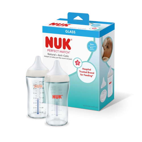 NUK Perfect Match Glass Anti-Colic Baby Bottle, Slow Flow, 0+ Months, 8 oz, 2 Pack