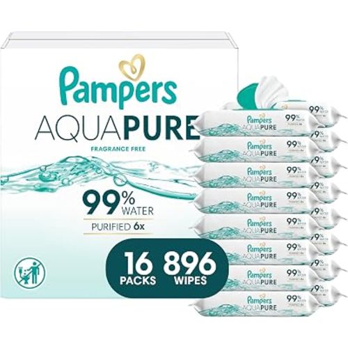 Pampers Aqua Pure Baby Wipes, 99% Water, Fragrance Free, Unscented, Water Based, Multi-Use, 896 Wipes Total (16X Flip-Top Packs) [Packaging May Vary]