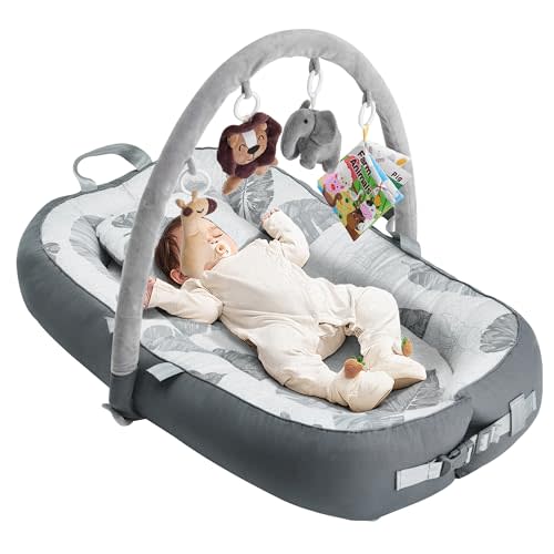 Blufeish Portable Baby Lounger with 4 Toys,Infant Lounger with Fitness Rack,Co Sleeping Breathable & Soft 100% Cotton Newborn Lounger Machine-Washable (Baby Lounger with Fitness Rack)