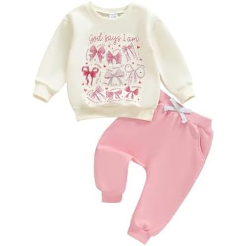 SHIBAOZI Baby Girl Clothes Set 2PCS Bow Christian Letter Print Sweatshirt Pullover Pants Toddler Infant Winter Fall Outfits