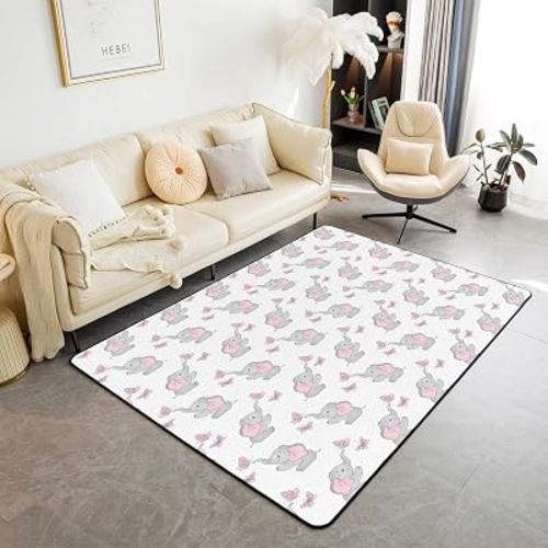 jejeloiu Cute Elephant Area Rug 5x7, Cartoon Little Elephant Butterflies Decorative Carpet for Home, Animal Print Decor Non-Slip Rugs for Living Room Bedroom Girls Women Grey Pink Accent Rug