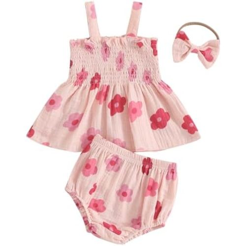 woshilaocai Baby Girl Summer Clothes Vintage Floral Sleeveless Smocked Tank Tops Bubble Shorts Bow Headband Cute 3Pcs Set