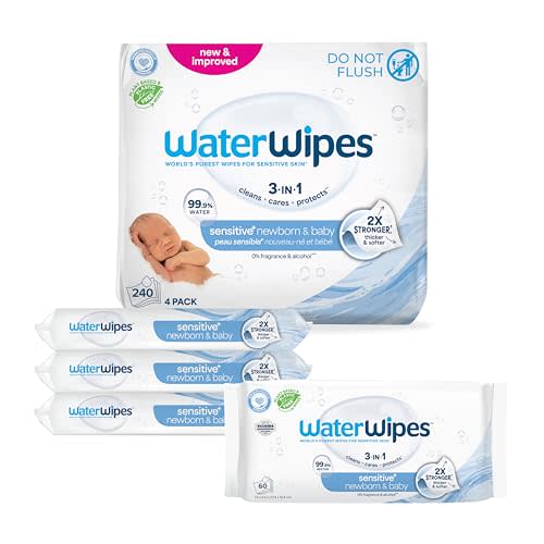 WaterWipes Sensitive+ Newborn & Baby Wipes, 3-In-1 Cleans, Cares, Protects, 99.9% Water, Unscented & Hypoallergenic, 240 Count (4 Packs)