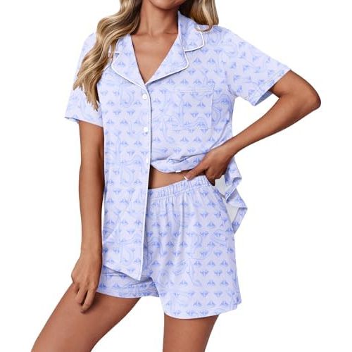 Ekouaer Pajamas Set for Women 2 Piece Pjs Short Sleeve Sleepwear Button Down Lounge Shorts Sets S-XXL