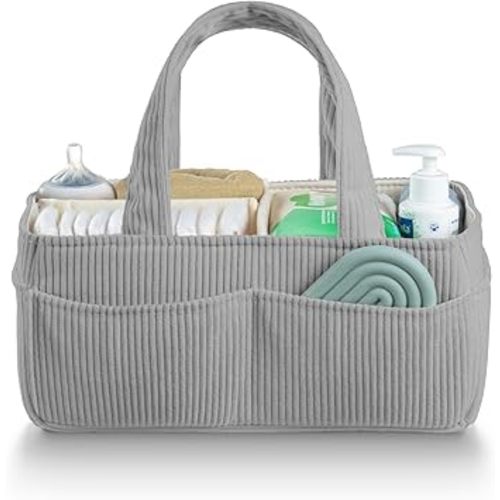 PUTSKA Baby Diaper Caddy Organizer for Changing Table – Stylish Nursery Storage Basket, Newborn Essentials, Baby Shower Gifts and Registry Must-Haves for Boy or Girl, Car Diaper Caddy, Corduroy Grey