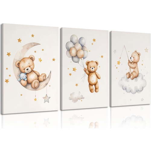 3 Pcs Framed Teddy Bear Nursery Canvas Wall Art Bear Sleeping on The Moon and Stars Wall Decor Pictures Balloon Cloud Neutral Poster Prints for Kids Baby Room Kindergarten Home Decoration 12x16in