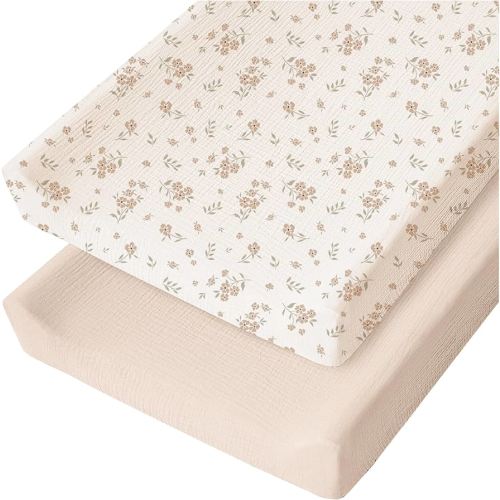 Konssy Muslin Changing Pad Cover for Baby Girls Boys, 100% Cotton Fitted Diaper Chang Table Covers, Soft Breathable Changing Pad Sheets, 2 Pack (Blossom, Cream)
