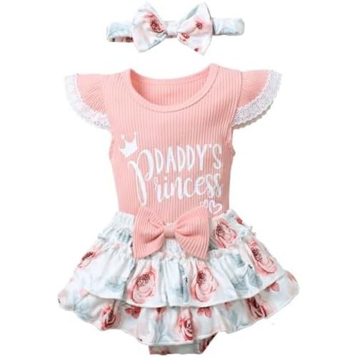 Newborn Girl Clothes Daddy's Princess Romper Floral Bowtie Shorts Headband 3PCS Baby Girl Outfits