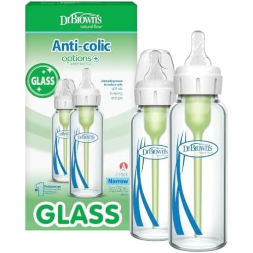Dr. Brown's Anti-Colic Options+ Narrow Glass Baby Bottle, 8 oz/250 mL, with Level 1 Slow Flow Nipple, BPA-Free, 0m+, 2 Pack
