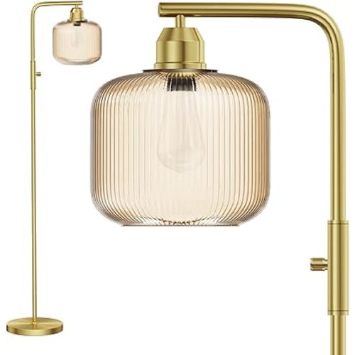 Glass Floor Lamp for Living Room, Modern Standing Lamp with Champagne Gold Ribbed Glass Lampshade, Stepless Dimmable Rotary Switch, 66” Tall Lamp & Gold Floor Lamp for Bedroom Study Room,Brushed Gold