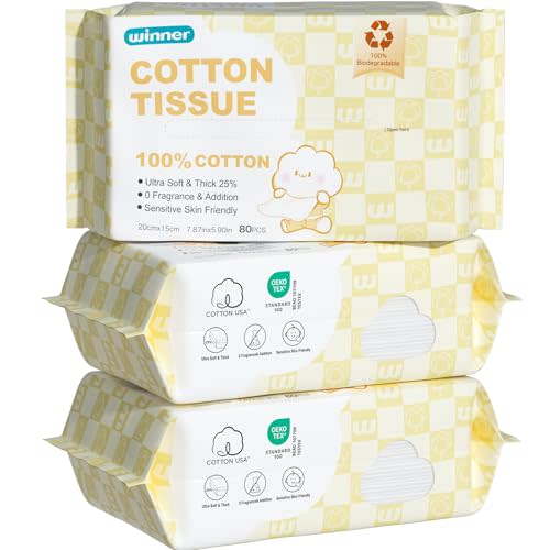 Winner 100% USDA Biobased Dry Wipes, Glycerin Infused Cotton Face Towels, Ultra Soft, Hypoallergenic, Baby Necessities for Diaper Changes, Meals, and On-the-go Cleanup, 240 Count, Pack of 3