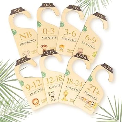 Baby Closet Dividers for Baby Clothes (Set of 8) -Birch Wood Baby Hangers with Size Dividers -Baby Closet Size Dividers w/High Contrast Color -Baby Size Closet Dividers w/Stylish Cotton Storage Bag