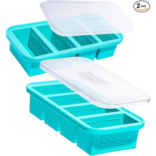 Souper Cubes 1 Cup Silicone Soup Freezer Molds with Lids - Soup Cubes with Steel Reinforced Rim - Perfect for Freezing Broth, Rice, Individual Portions, Meal Prepping and More - Aqua - 2-Pack