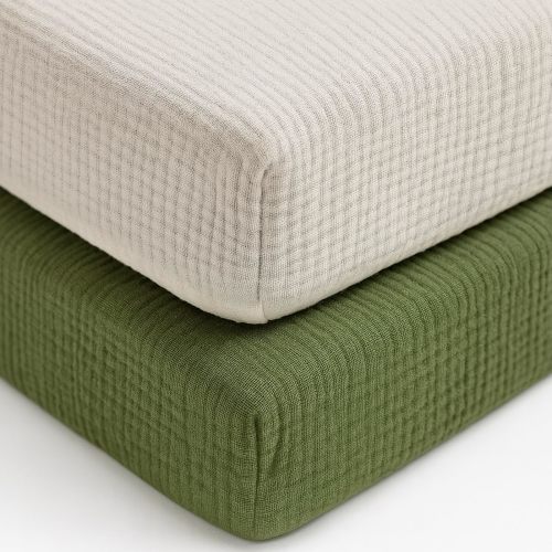 Amazon.com: 2 Pack Muslin Crib Sheets for Standard Crib Mattress 52" x 28", Olive/Beige | 100% Cotton, Soft Breathable, for Baby Girls Boys, Deep Pockets (9’’) for Secure Fit