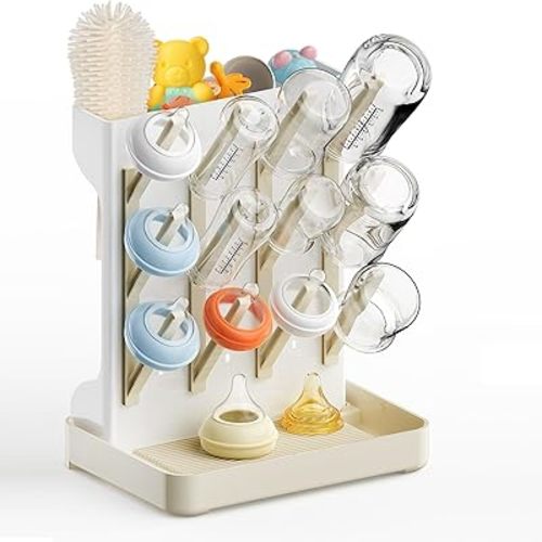 Vertical Baby Bottle Drying Rack, Space-Saving Countertop Storage Stand, BPA-Free Organizer for Baby Bottles and Pacifiers - Warm Beige