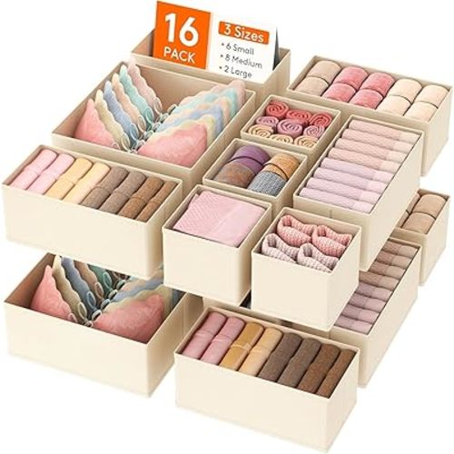 Mumoo Bear 16 Pack Drawer Organizer, Dresser Underwear Drawer Organizer Bins, Foldable Fabric Closet Organizers, Storage Drawer Dividers, Dorm Room Essentials for Clothing, Socks, Towels,Ties（Khaki）