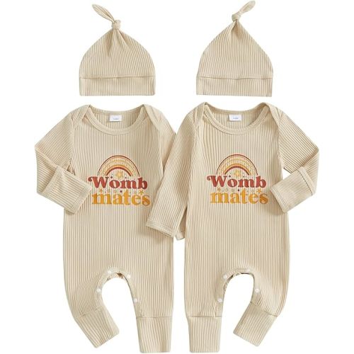 YOKJZJD Newborn Baby Girl Boy Twins Matching Outfits Womb Mates Knitted Romper Mitten Cuffs Jumpsuit with Hat Fall Clothes