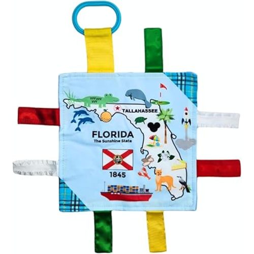 Baby Jack & Co 8x8” Learning Lovey Florida State Tag Stroller Toy for Babies - Crinkle Toys for Developing Five Senses - Learn About Capitals - Travel with Baby Jack - BPA Free Clip
