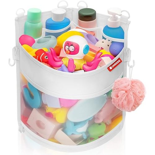 UNEEDE 4.32 Gallons Corner Mounted Bath Toy Storage Holder, Mesh Shower Caddy for Bathtub Organizer, Quick Dry Holder