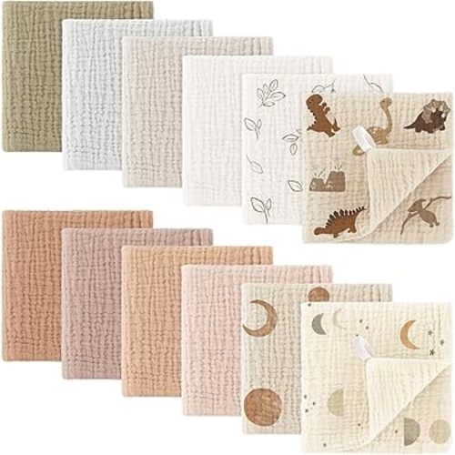 Bearmoss Muslin Baby Washcloths 100% Cotton Baby Bath Wash Cloth Ultra-Absorbent Burp Cloth Soft Baby Face Towel for Newborn Baby Boy and Girl, 10x10inch 12Pack(Dinosaur)