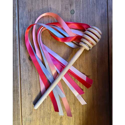Ribbon Honey Wand - Wooden Honey Wand with Decorative Ribbon - Dance, Music, and Rhythm - Valentine's Day - Pinks and Reds Sensory Play