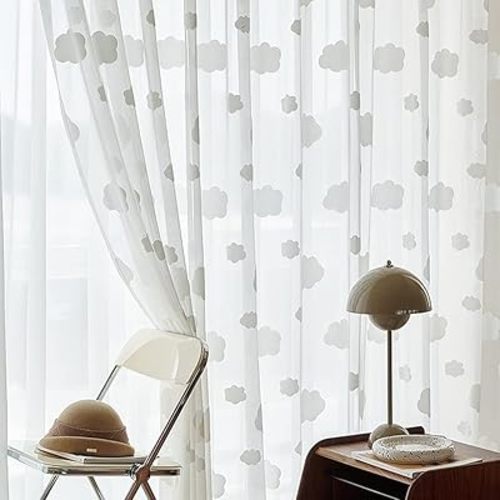White 3D Cloud Sheer Curtains for Girls Bedroom Light Filtering Drape Cute Embossed Cloud Pom Pom Curtains Farmhouse Rod Pocket Elegant Embroidered Translucent Voile Window Treatment 1 Panel 39Wx84L