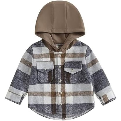 Amiblvowa Toddler Baby Boy Girl Fall Winter Clothes Flannel Hooded Plaid Shirt Jacket Button Down Shacket