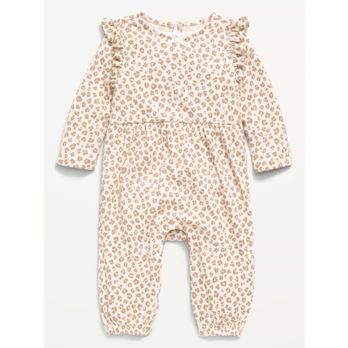 Printed Long-Sleeve Ribbed Ruffle-Trim Jumpsuit for Baby