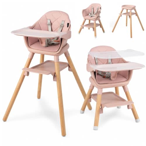 HONEY JOY Baby High Chair, 6 In 1 Convertible Wooden Highchair for Babies and Toddlers/Toddler Chair/Bar Stool, Removable Double Tray & Reversible Footrest, Safety Harness for Infant Boys Girls (Pink)