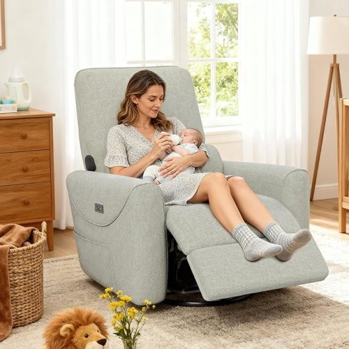 KINGYES Power Recliner Chair, 270° Swivel Glider, Living Room Recliner with USB-C Port, Nursery Rocking Chair, Gray