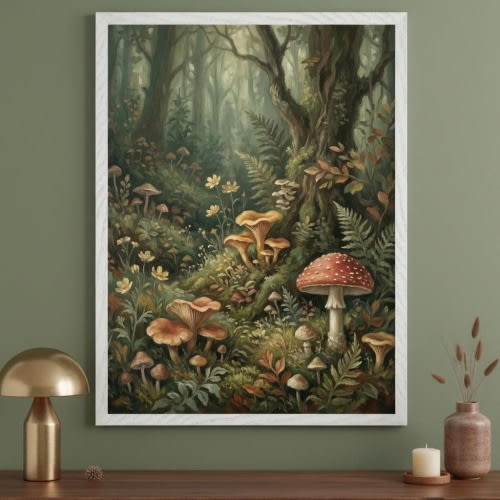 Mushroom Forest Enchanted Woodland Wall Art, Whimsical Fairy Tale Nature Print, Vintage Botanical Cottagecore Decor, Toadstool Nursery Art