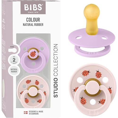 BIBS Studio Soother 2-Pack, BPA Free Dummy Pacifier, Round Nipple. Natural Rubber Latex, Made in Denmark, Size 2 (6-18 Months), Violet Sky/Petal