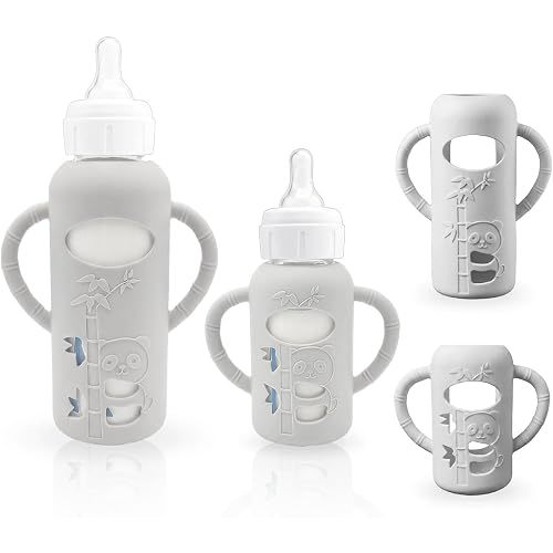 2-Pack Silicone Sleeves for Dr. Brown's Glass Baby Bottles, BPA-Free Drop-Resistant Baby Bottle Sleeves with Handles, Compatible with Dr Brown's Anti-Colic Narrow Glass Baby Bottles (4 & 8 oz)