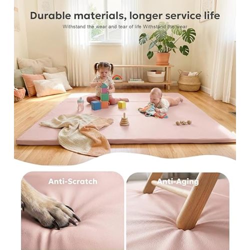 Mallify Foldable Baby Play Mat, 50''x50'' Waterproof Thicken Foam Vegan Leather Playpen Mat for Infants and Toddlers, Portable Baby Mat for Floor, Pink