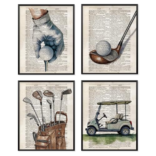 VONTP Golf Wall Art Decor, Golf Room Decor, Golfing Golfer Sports Retro Prints Poster Wall Decorations for Kids Boys Bedroom Man Cave Playroom, 8x10 Set of 4 (Unframed)