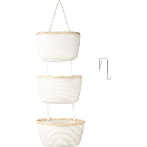 TeoKJ Over the Door Hanging Basket, 3-Tier Woven Cotton Wall-Mounted Storage Organizer Bag Decorative Hanging Nursery Baskets, White & Light Brown