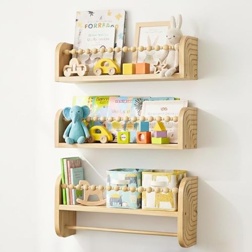 SAG's store Floating Nursery Shelves - Set of 3 Natural Wood Wall-Mounted Bookshelves for Kids Room, Baby Room, Nursery Decor - 15.7" Wide, Solid Wood Shelves for Books, Toys, and Decor Storage
