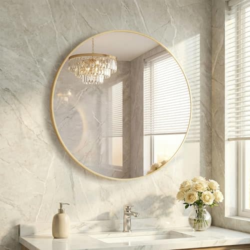 20 Inch Gold Round Bathroom Wall Mirror, Round Mirrors for Wall Decor, Circle Mirror for with HD Shatter-Proof Glass for Entryway, Living Room, Bedroom, Dressing Room, Home Decor