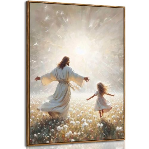 Wood Framed Jesus and Little Girl Dancing Christian Canvas for Kids Wall Decor Jesus and Children Poster Prints Religious God Artwork for Baby Girl Room Decoration