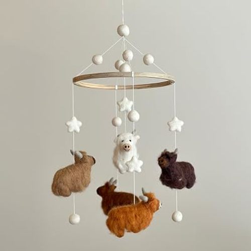 Handmade Felt Highland Cow Nursery Mobile, Crib Mobile for Boys & Girls, Boho Nursery Decor, Natural Wool & Wood Mobile, Unique Baby Shower Gift, Fair Trade & Handcrafted in Nepal