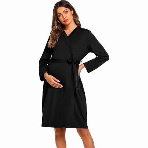Ekouaer Maternity Robe Labor Delivery Nursing Gown Hospital Breastfeeding Dress Bathrobes Black M