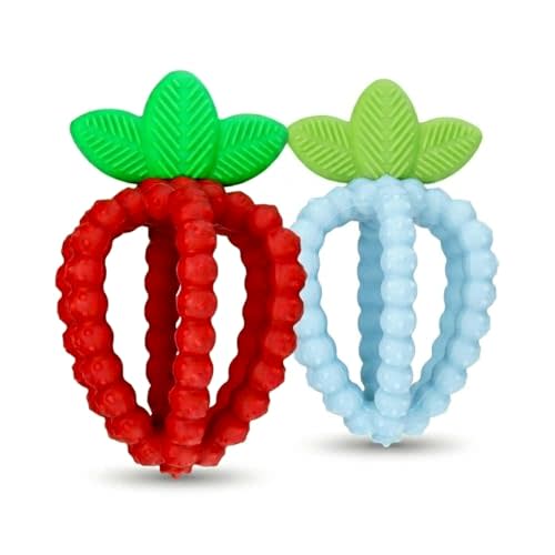 RaZbaby Silicone Infant & Baby Teething Toy, Textured BerryBumps Soothe Babies Sore Gums, RaZberry Bites Relief Teether, Back & Front Teeth, BPA Free, Fruit Shape for Babies 3M+ (Red & Blue)