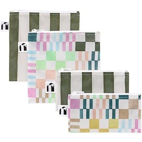 Roamio Reusable Sandwich and Snack Bags, for Kids School Lunch and for Adults Portion, Washable Fabric, Waterproof Cloth Zip Bag, Pack Travel Pouch, Food-Safe, 4-pack Set Green Stripe and Multi Check