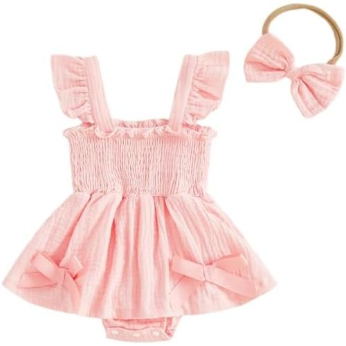 Mubineo Baby Girl Clothes Summer Dress Cotton Linen Romper Ruffle Sleeveless Smocked Rompers Sun Dress Skirt Outfits