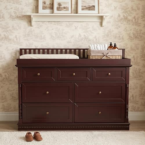 Walnut Finish Baby Changing Table with Removable Top & 7 Drawers